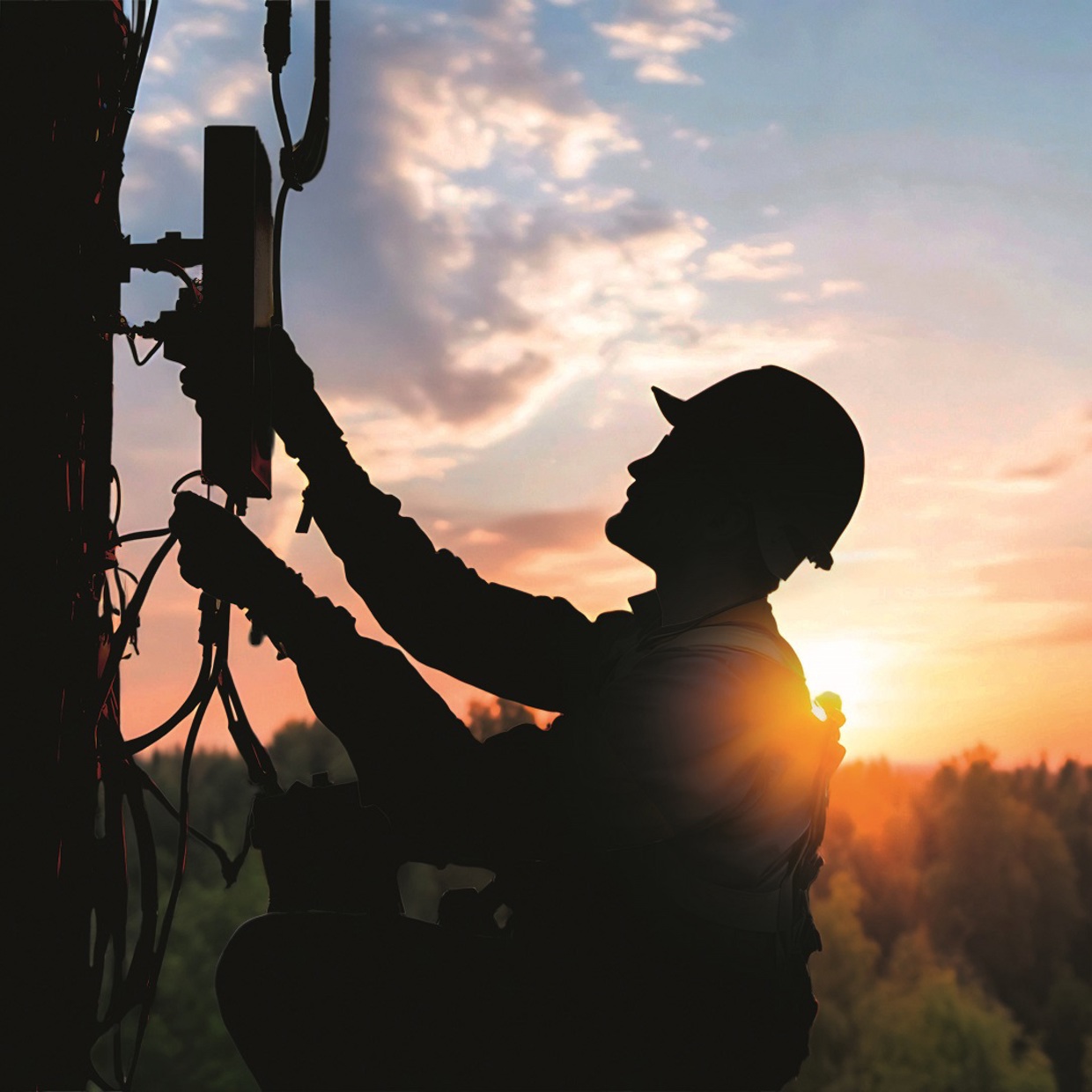 Un technicien qui escalade un pylône de téléphone portable au lever ou au coucher du soleil